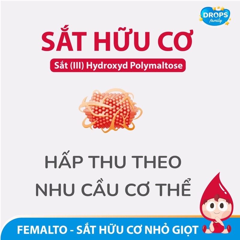 Sắt hữu cơ FEMALTO dạng nhỏ giọt, không tanh, không táo dùng được cho mẹ bầu và trẻ sơ sinh