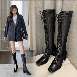Boot lưới cổ cao cực sành điệu gót vuông cao 6cm