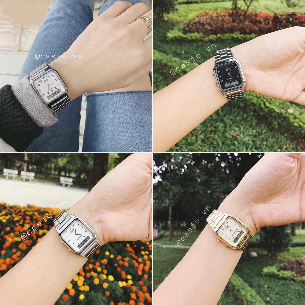 Đồng hồ nam nữ Casio điện tử chính hãng mặt vuông cổ điển , dây kim loại - đồng hồ  AQ230