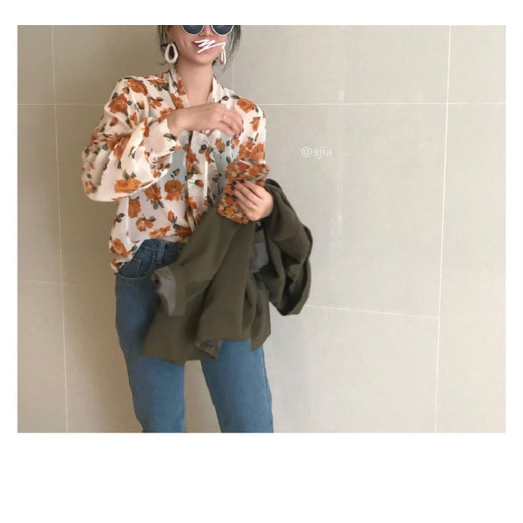 COZOK Áo Sơ Mi Chiffon Tay Dài In Họa Tiết Hoa Hồng Thời Trang Cho Nữ