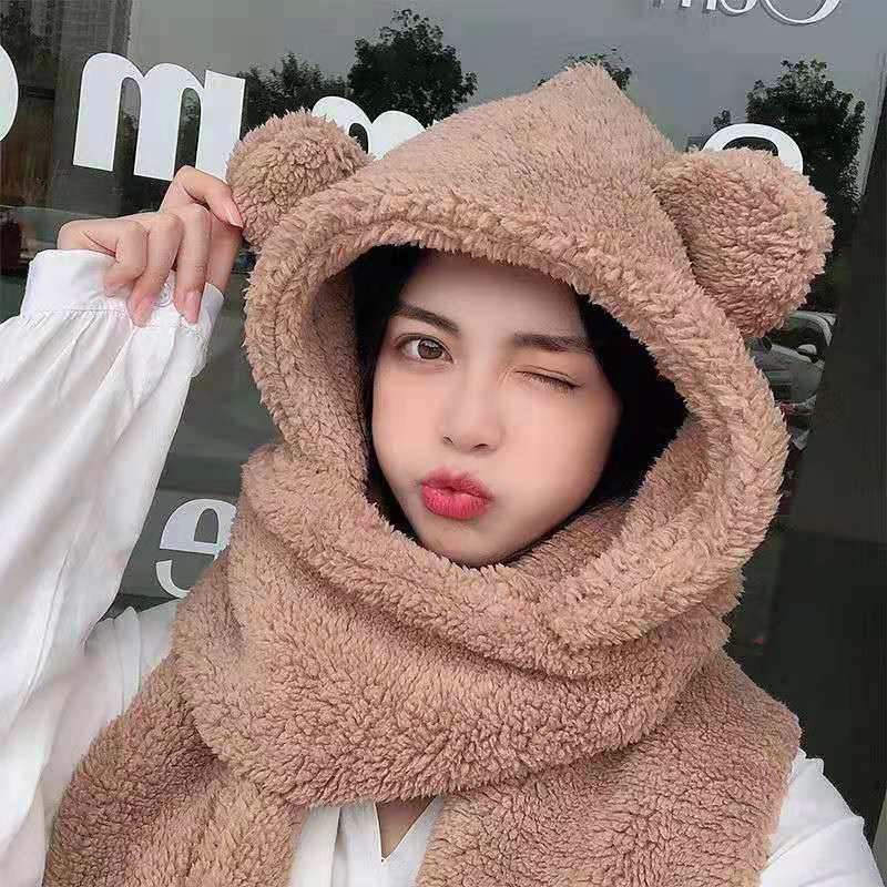 Mũ lông tai gấu kèm khăn quàng cổ bao tay 3 trong 1 cho mùa đông ấm áp