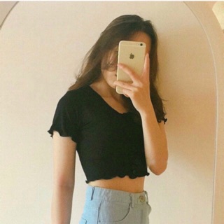 Km [Áo nữ] Áo croptop cúc dọc 5 cúc bozip đen ulzzang chất lượng