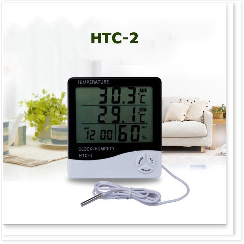 Nhiệt ẩm kế kiêm đồng hồ báo thức cảm biến nhiệt độ và độ ẩm HTC-2 với 2 cảm biến trong và ngoài