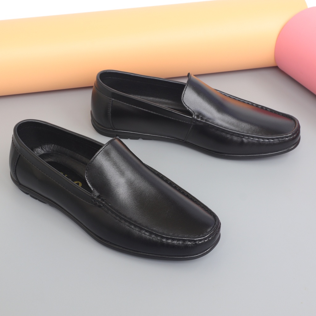 Giày lười nam da bò màu đen, giày mọi nam đế cao su - NeO3988de