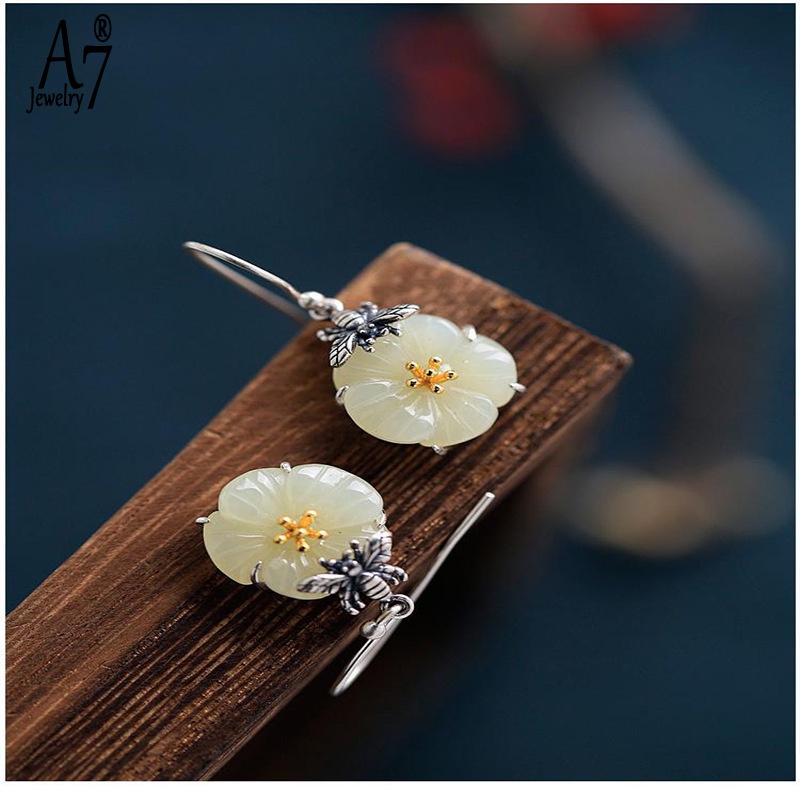 Bông Tai Bạc A7 S925 Hình Ong Đính Đá Ngọc Bích Màu Sắc Vintage Cho Nữ