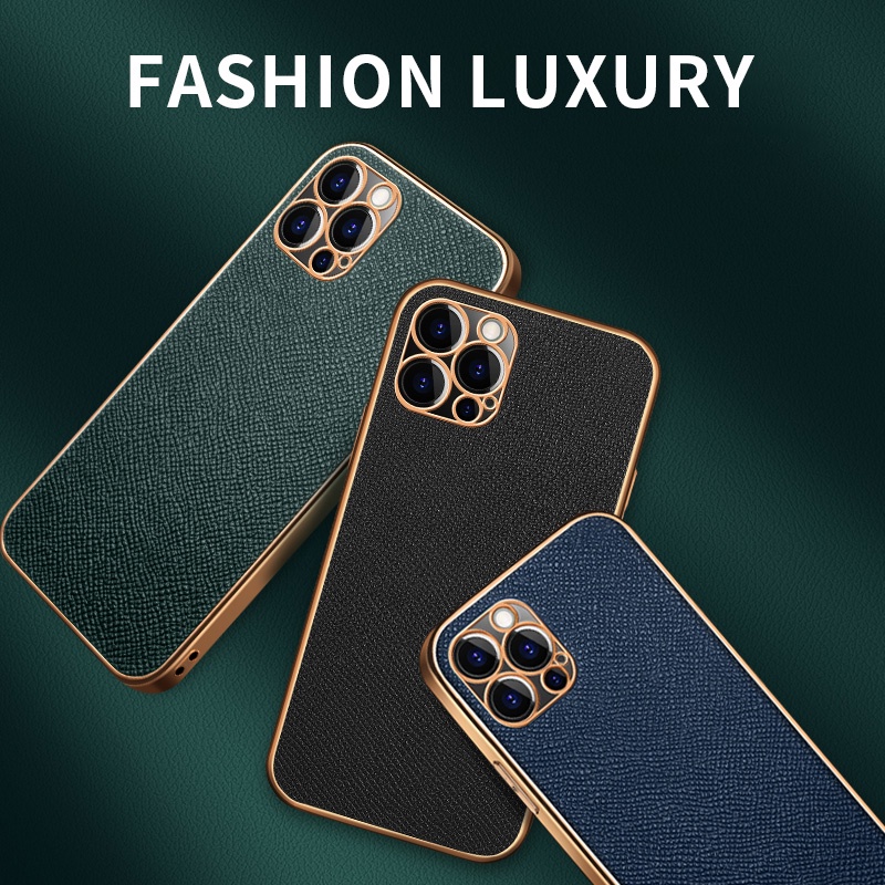 Ốp Điện Thoại Da PU Mạ Viền Sang Trọng Bảo Vệ Camera Chống Sốc Cho iPhone 13 12 11 Pro Max X XS
