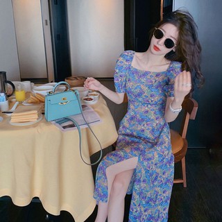 [sẵn size s ] váy hoa nhí màu tím cổ vuông xẻ tà dáng dài