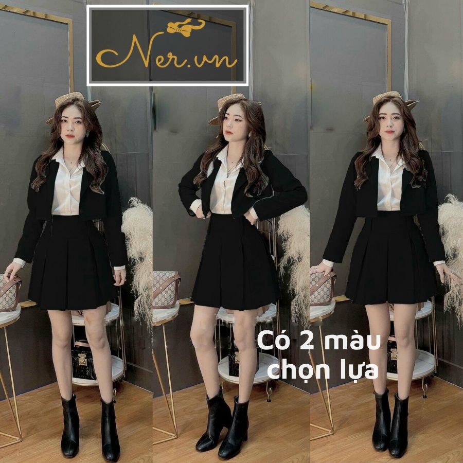 Set áo vest lửng chân váy xếp CÓ LÓT TRONG đi làm đi chơi đi tiệc hai màu đen da bò thu đông 2021 tại xưởng may NER-N120