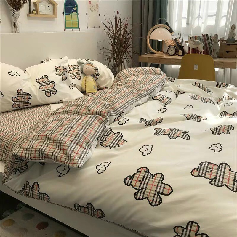 Bộ chăn ga gối drap giường chất cotton poly họa tiết gấu bbr