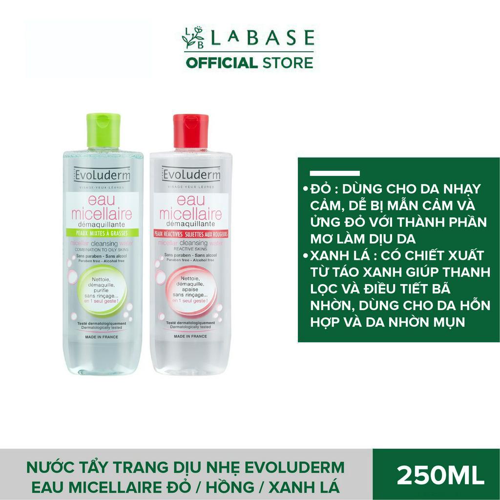 Nước tẩy trang dịu nhẹ Evoluderm Eau Micellaire Đỏ / Hồng / Xanh lá Chai 250ml