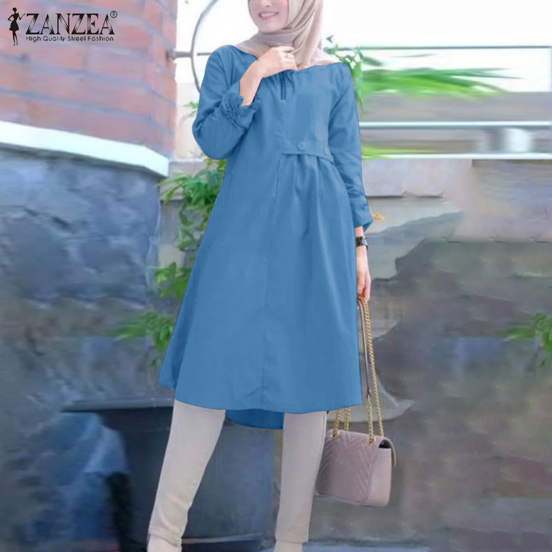 Zanzea Vintage Solid Color Áo dài tay trên cho phụ nữ Hồi giáo