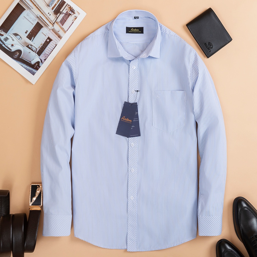 Áo Sơ Mi Nam Công Sở Trung Niên Anton Somianton Xanh Kẻ Sọc Dài Tay Vải Cotton Kẻ Sọc Đôi - Y327