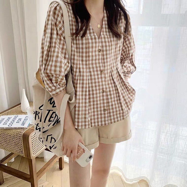 [SALE] Áo Kiểu Nữ Đẹp A.199, áo babydoll kiểu nữ hàn quốc họa tiết kẻ caro cổ V hai màu ngọt ngào