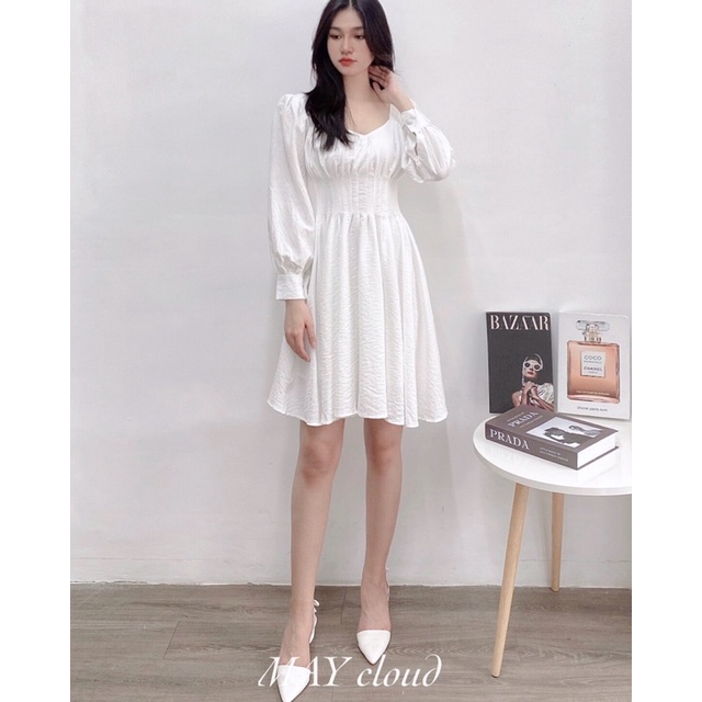 Đầm tay dài xếp li eo