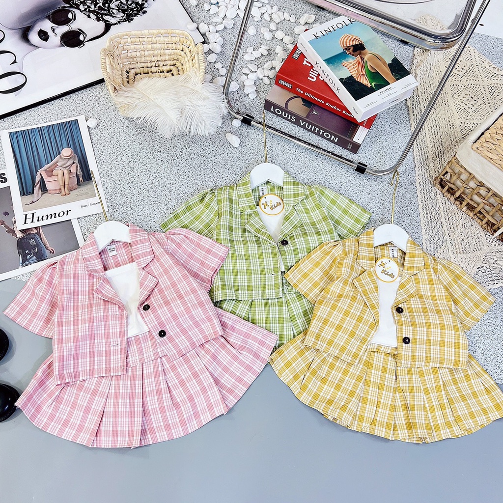 Set váy vest kẻ nhiều màu 3ct bé gái