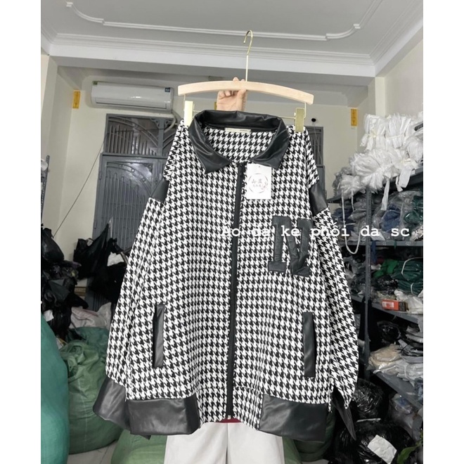 Áo dạ kẻ phối da siêu xinh