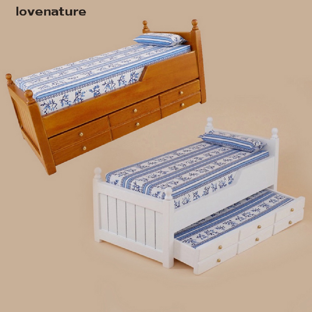 1 giường gỗ mini tỉ lệ 1:12 kèm ngăn kéo cho nhà búp bê
