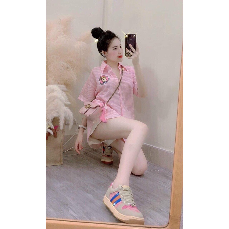 [SƠ MI] Áo Sơ Mi Xốp Cô Gái, Áo Kiểu Nữ Màu Kẻ Phối Chân Váy +Quần Jeans Siêu Sang Chảng | BigBuy360 - bigbuy360.vn