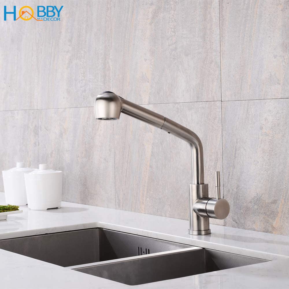 Vòi rửa chén nóng lạnh dây rút HOBBY Home Decor VDR2 Inox 304 - 2 chế độ phun - đầu vòi kéo dài tiện lợi