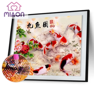 Bộ Tranh Đính Đá 5d Tự Làm Hình Chín Con Cá Và Hoa Mẫu Đơn
