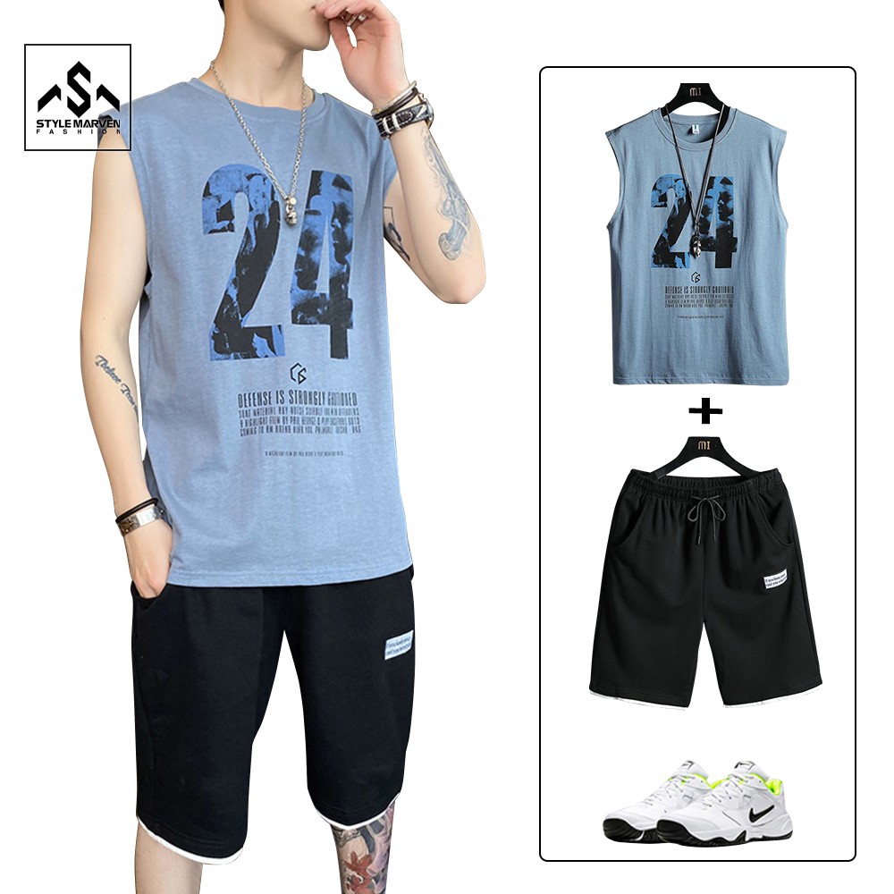Bộ thun nam sát nách 24 STYLE MARVEN áo phông ba lỗ kết hợp quần shorts túi trơn thể thao - SET NAM 90000160