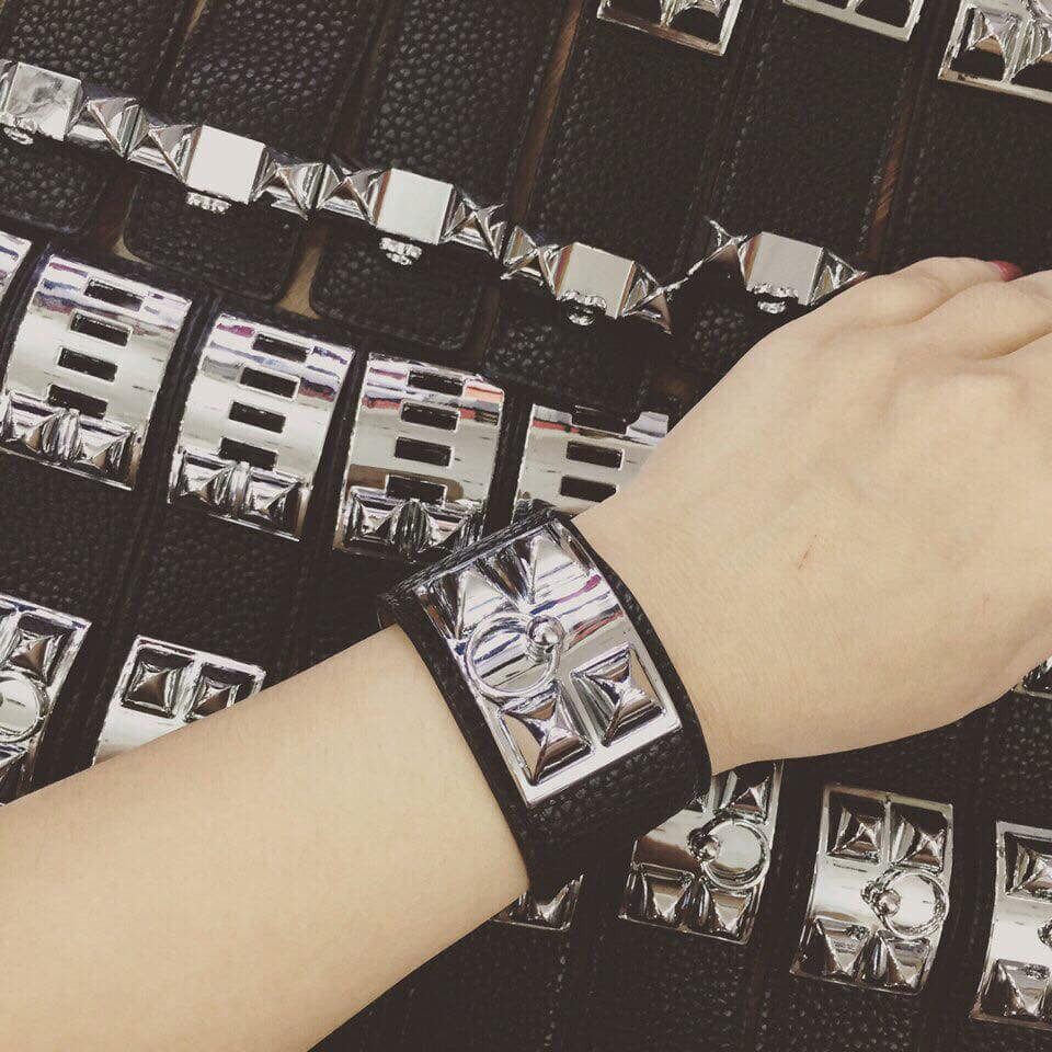 Vòng tay da HM khóa bạc 2 màu sang chảnh - nạm đinh mặt khóa cao cấp - bền màu