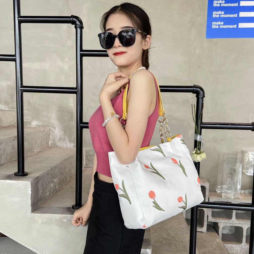 Túi Xách Đeo Vai Cỡ Lớn Họa Tiết Hoa Tulip Đào Đơn Giản Thời Trang Mới Cho Nữ