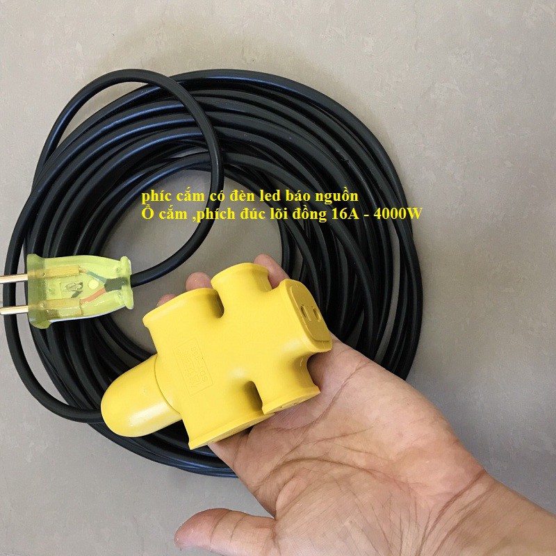 Cuộn Dây điện chính hãng 15m dây kèm ổ cắm đúc ,có đèn phích cắm không vở siêu chặt siêu bền 16A4000w