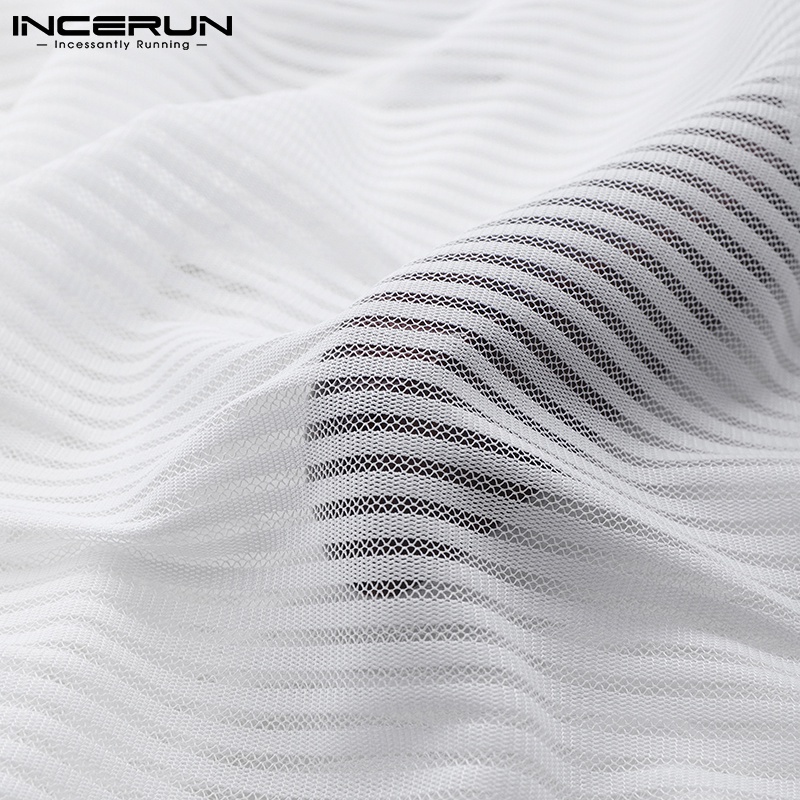 Áo Thun INCERUN Dành Cho Nam Thiết Kế Cổ Tròn Họa Tiết Kẻ Sọc Tay Dài Màu Trắng/ Đen