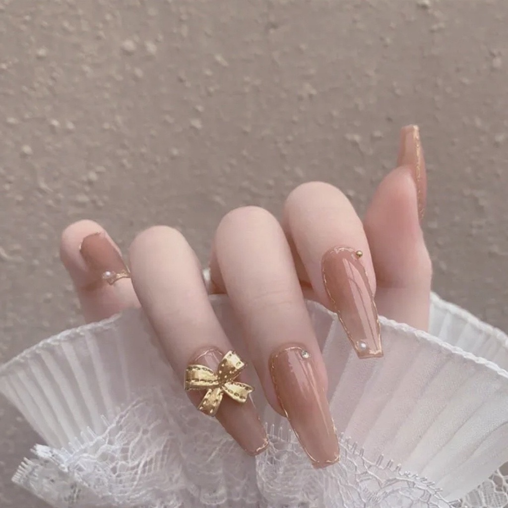 Móng tay giả đính đá dài đính nơ kèm keo đẹp giá rẻ bộ 24 nail giả thiết kế độc đáo cá tính