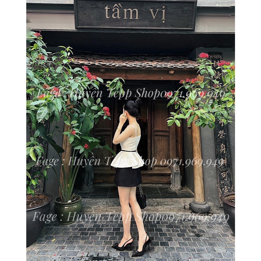 SET ÁO PEPLUM NƠ EO 2 DÂY + CHÂN VÁY ĐEN (TH)