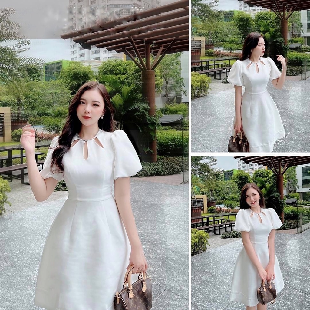 Đầm Nữ Đầm Dự Tiệc , Váy Nữ Bigsize Cổ Tròn Đính Ngoc Đa Tay Phồng Che Khuyết Điểm Cho Người Mập 50.90kg