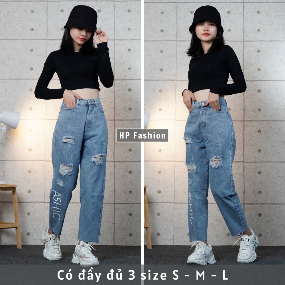 Quần baggy nữ ❤️ Quần jean cạp lưng cao in chữ ASHIC phối rách cá tính, chất bò dày dặn - QJ10 | BigBuy360 - bigbuy360.vn
