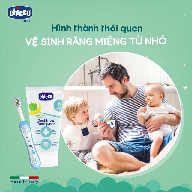 Bàn chải đánh răng cho bé Chicco Italy 6M+, bàn chải trẻ em đầu lông mềm - Monnie Kids