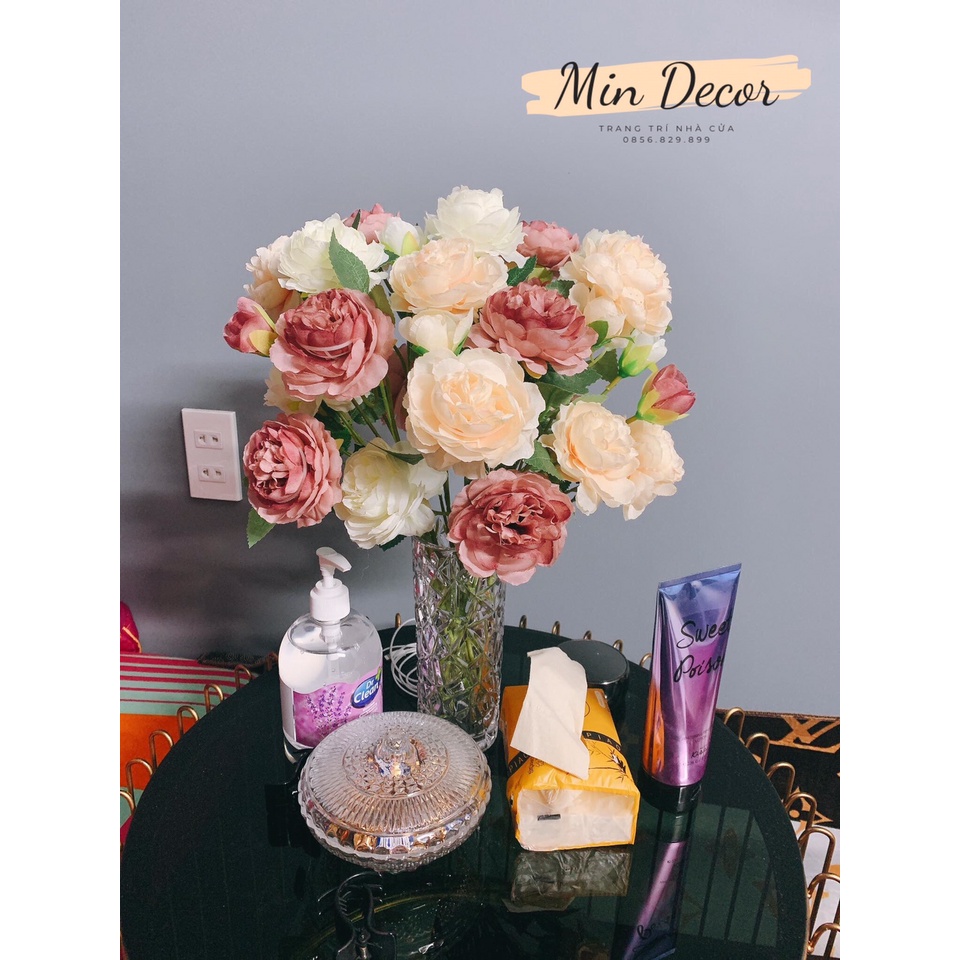 Hoa lụa cao cấp để bàn trang trí nhà cửa hoa giả decor chụp ảnh hồng mẫu đợn lụa nụ ngắn 2 bông 1 nụ Minhome HG2