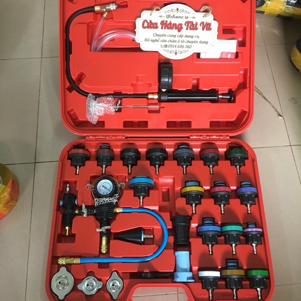 Bộ dụng cụ kiểm tra rò rỉ két nước KÈM xả e nước làm mát FULL 28 chi tiết