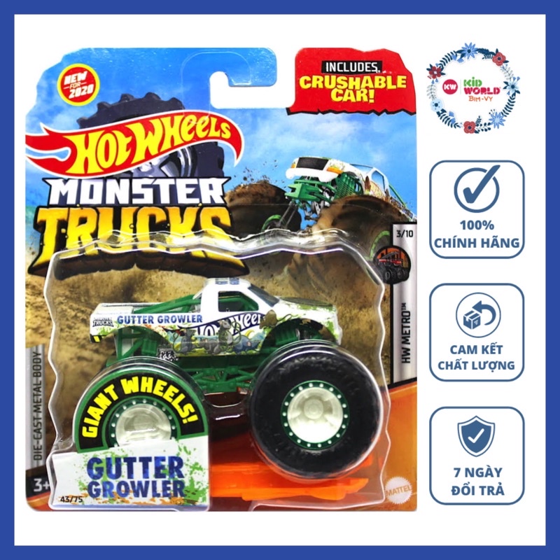 Xe mô hình Hot Wheels Monster Trucks Crushable Car Gutter Growler GJD96.