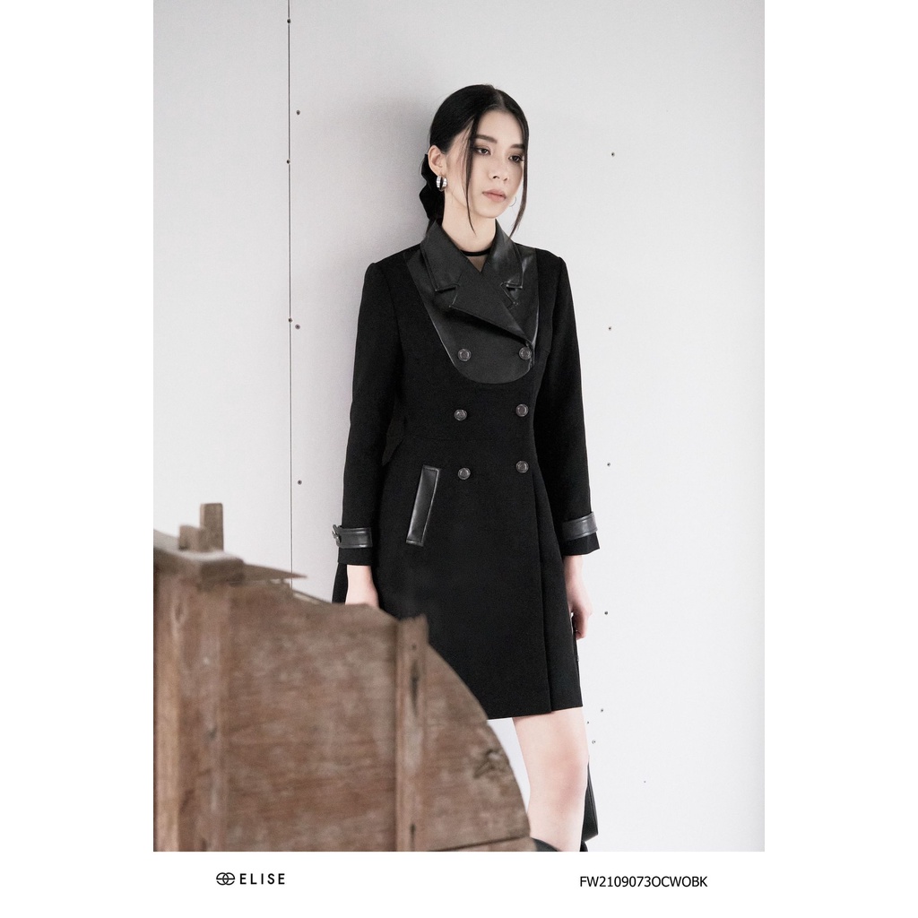 Áo măng tô đen phối cổ da thiết kế Elise FW2109073OCWOBK