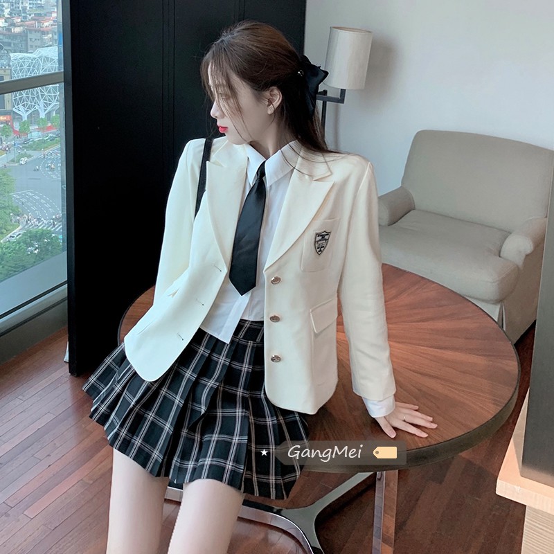 Set váy xếp ly kẻ sọc +Áo vest trơn màu phong cách Hàn Quốc | BigBuy360 - bigbuy360.vn