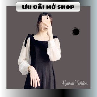 Váy đen tay bồng phối nơ Hunsun