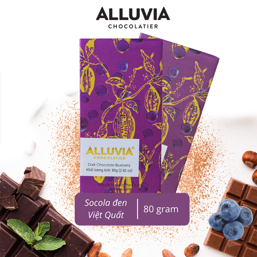 Socola đen nguyên chất nhân Việt Quất đắng vừa Alluvia thanh lớn 80 gram Dark chocolate with Bluberry