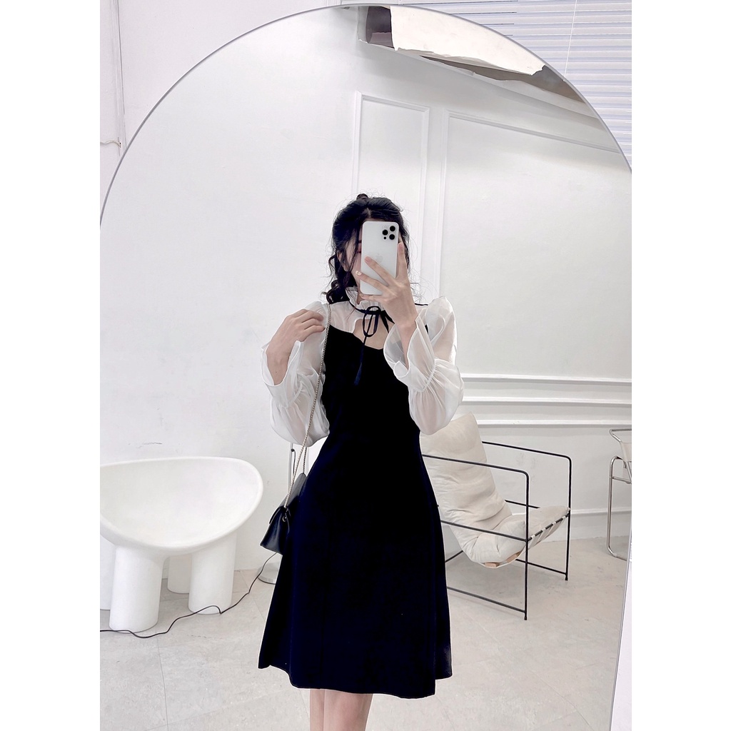 Váy tiểu thư phối cổ nơ tay voan organza Đầm xinh