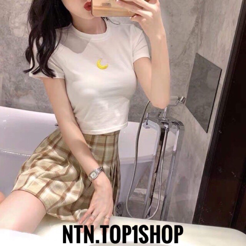 áo thêu mặt trăng  tay ngắn Croptop (ch)