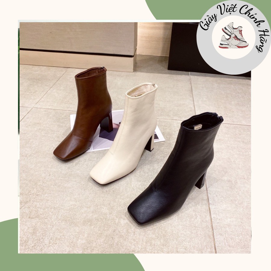 Giày bốt thời trang nữ QC ❤️FREESHIP❤️ Boots cổ lửng siêu hot kéo khoá sau da mềm mũi vuông gót vuông 7cm BLE121-1