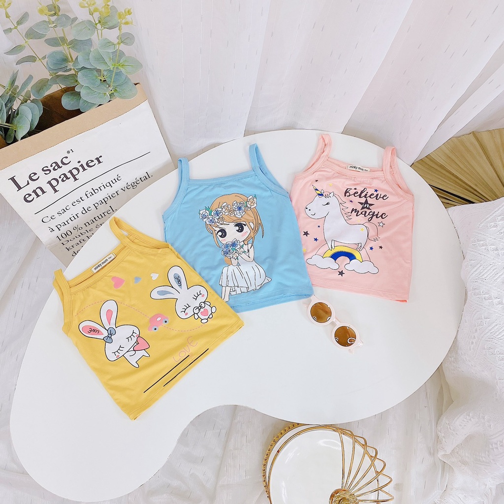 Áo 2 dây cho bé gái chất thun lạnh in họa tiết mặc mát ngày hè