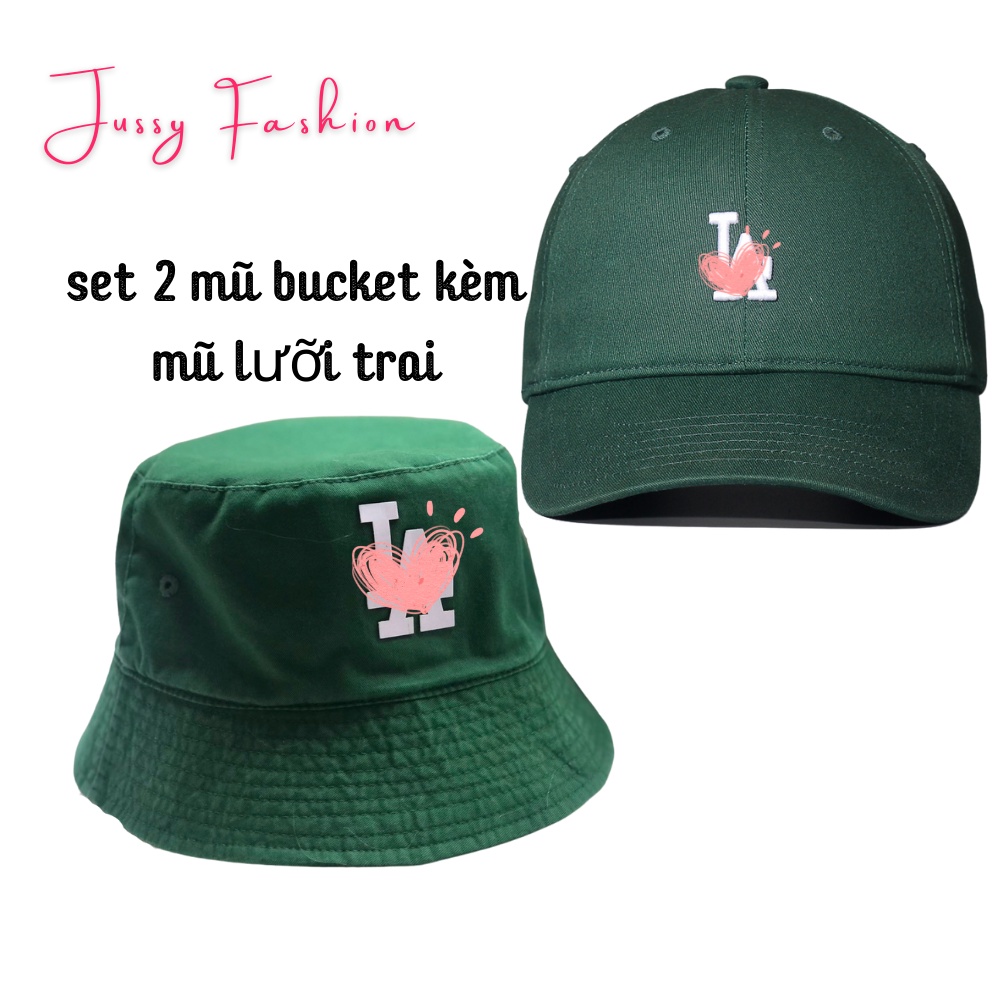Set 2 Mũ Lưỡi Trai Và Mũ Bucket L/a Màu Xanh Lá Hot Trend 2022 Vải Cotton Full Tem Mạc Hàng Chuẩn Đẹp