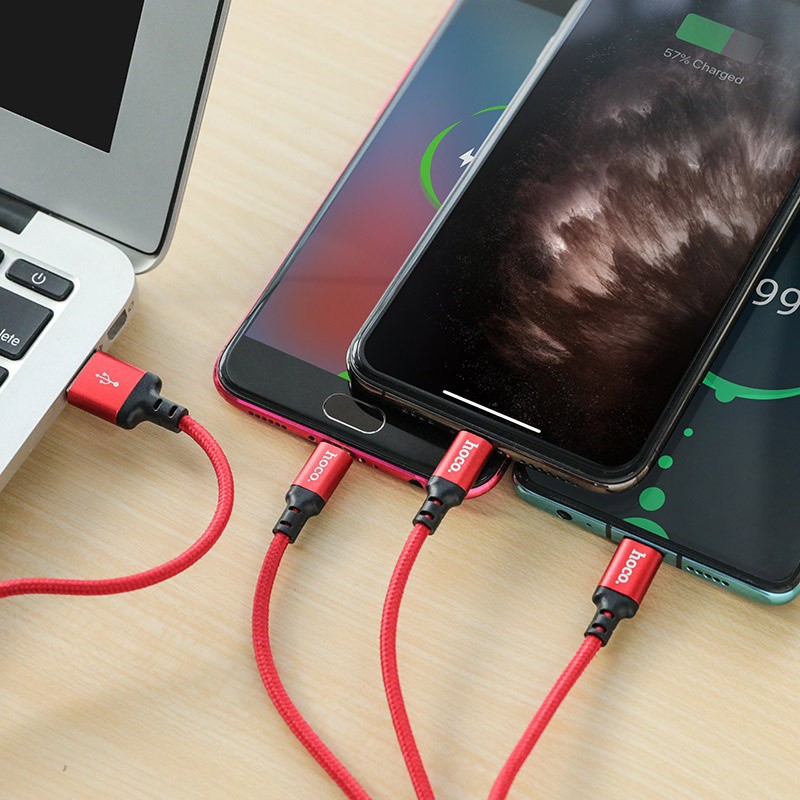 Cáp Sạc Đa Năng Dây Dù 3 Đầu Hoco X14 3 in 1 Chính Hãng - Dài 1m - Iphone/Ipad - Android