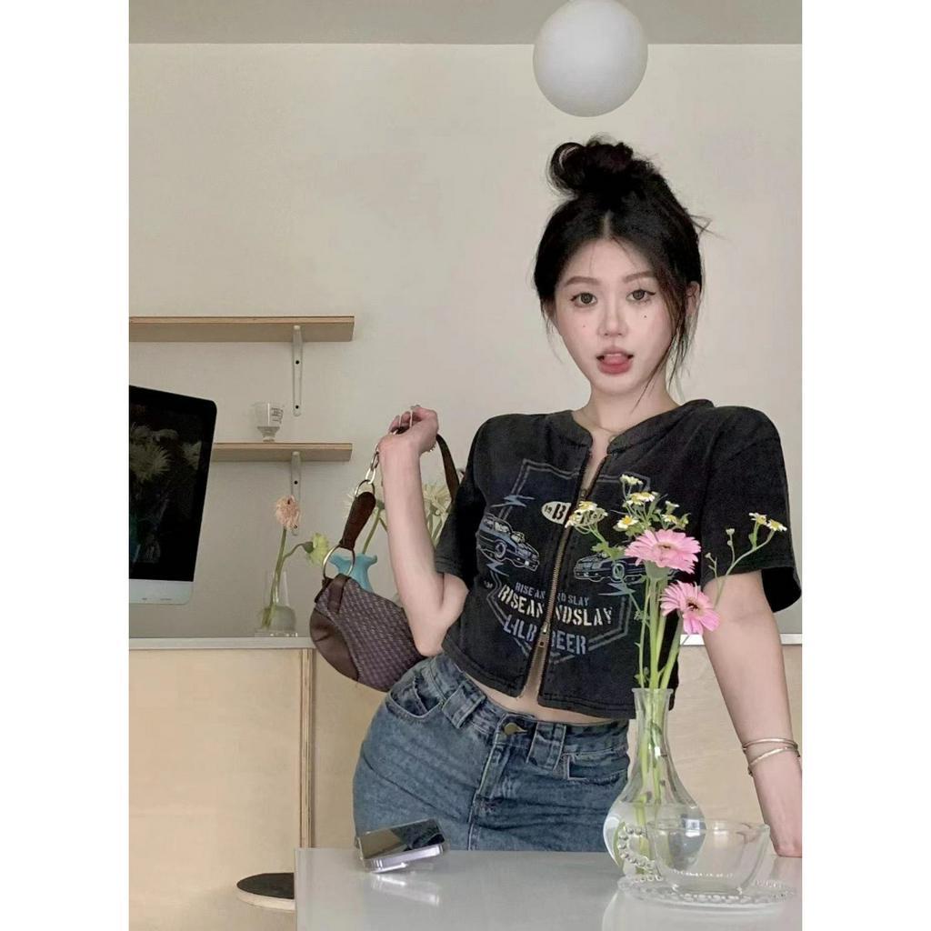 Ethelgirl  Thun Tay Ngắn Hai Đầu Có Khóa Kéo In Họa Tiết Cổ Điển Phong Cách Mỹ Thời Trang Cho Nữ