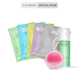 Combo Máy Rửa Mặt Halio Sensitive - Hồng nhạt, Gel dưỡng ẩm Auragins 100ml và Set 5 mặt nạ Lixibox (23gr/mặt nạ)
