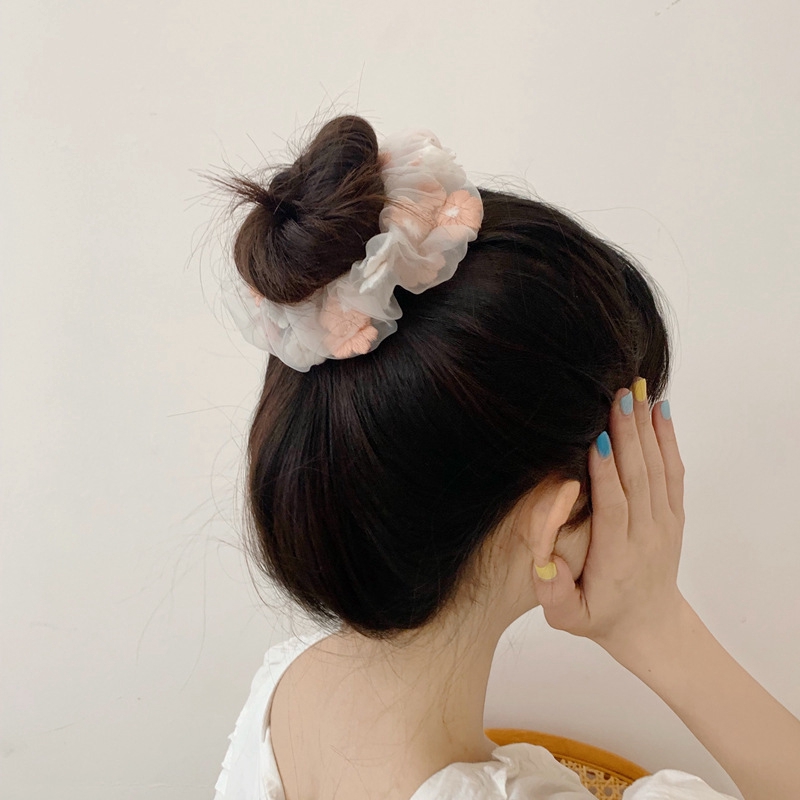 Dây Buộc Tóc Vải Lưới Co Giãn Thêu Hoa Phong Cách Hàn Quốc Ngọt Ngào Cho Nữ